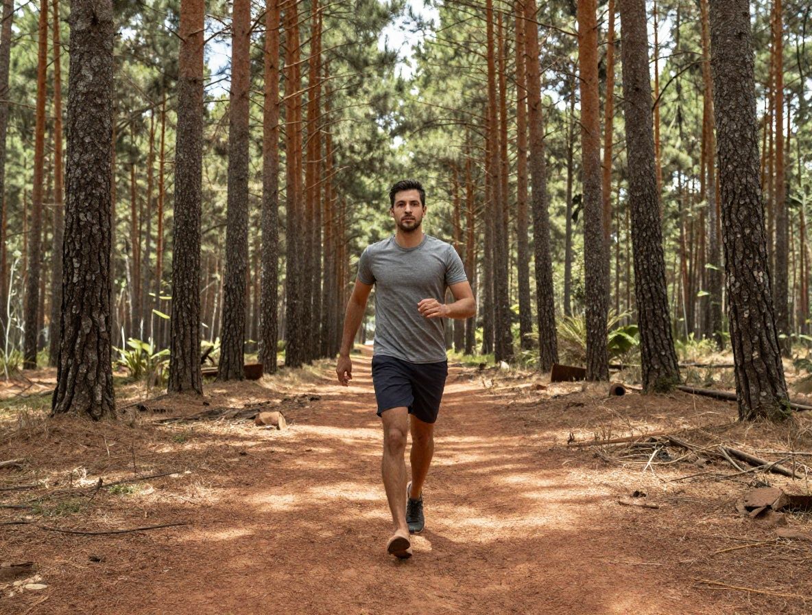 Persona caminando descalza en un sendero de tierra roja en un bosque de pinos, luz solar filtrándose entre los árboles, estilo de vida activo y natural