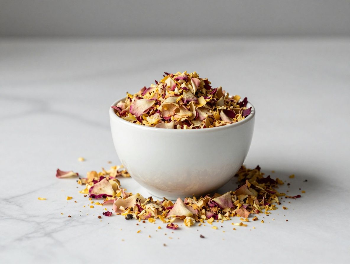 Crema blanca y natural con pétalos de rosa y extracto de plantas en un recipiente de cerámica sobre superficie de mármol blanco, iluminación suave y elegante