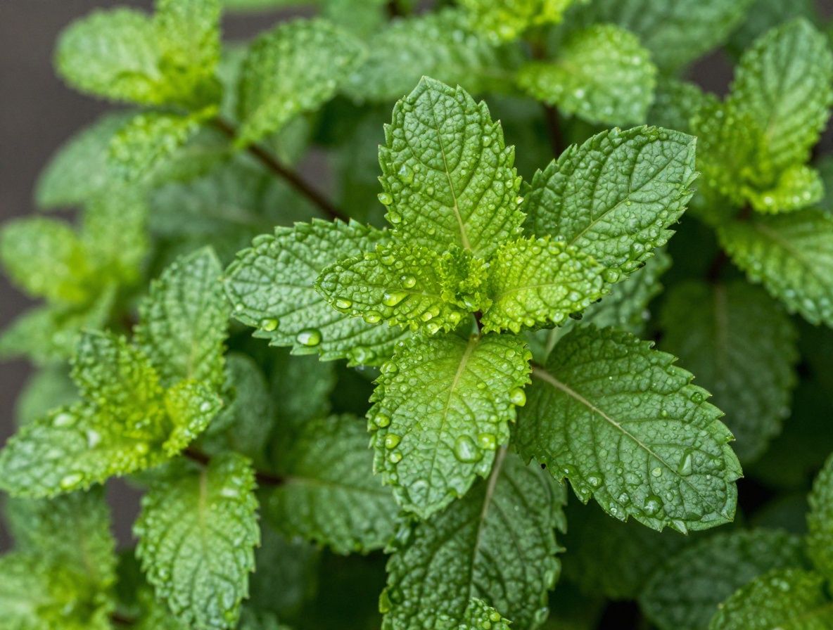 Primer plano de hojas de menta fresca con gotas de agua sobre fondo verde oscuro, textura detallada y luz difusa