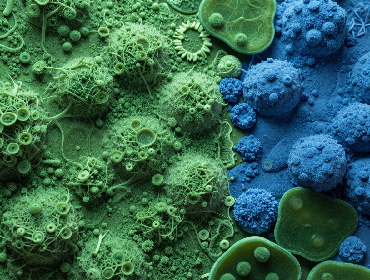 Vista microscópica abstracta de estructuras celulares vegetales con patrones geométricos naturales en tonos verdes y azules