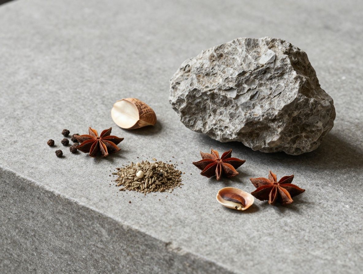 Composición de especias y semillas naturales sobre superficie de piedra gris, tonos terrosos y textura rugosa, iluminación de estudio