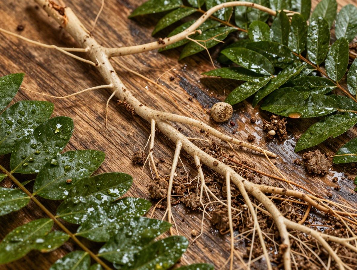Composición naturalista detallada con hojas verdes frescas, raíces y tierra húmeda sobre superficie de madera, luz cálida lateral que resalta las texturas orgánicas